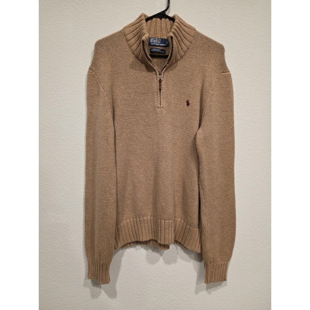 Vintage Polo Ralph Lauren Camel Beige Cotton Quarter Zip Sweater men's Medium